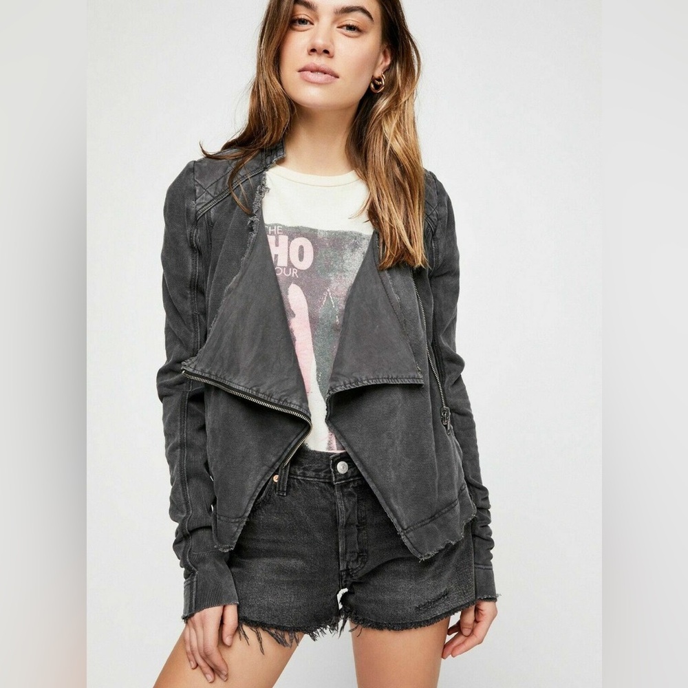 Free People Charcoal Washed Leather Asymmetrical Moto Jacket